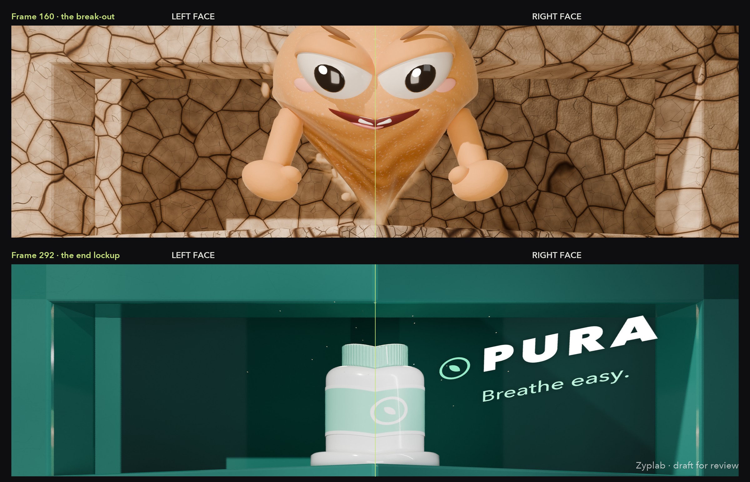 The unfolded LED canvas: left and right faces side by side at the break-out and at the end lockup, with the artwork and the wordmark visibly skewed for the sweet spot