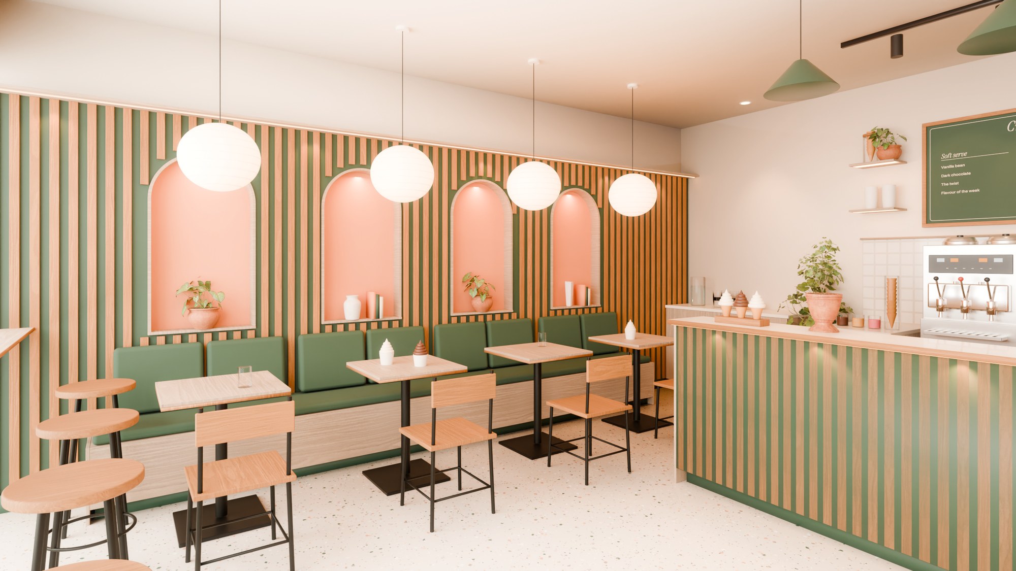 Pine batten feature wall with four arched niches painted apricot, green linen bench cushions, birch tables and paper globe pendants