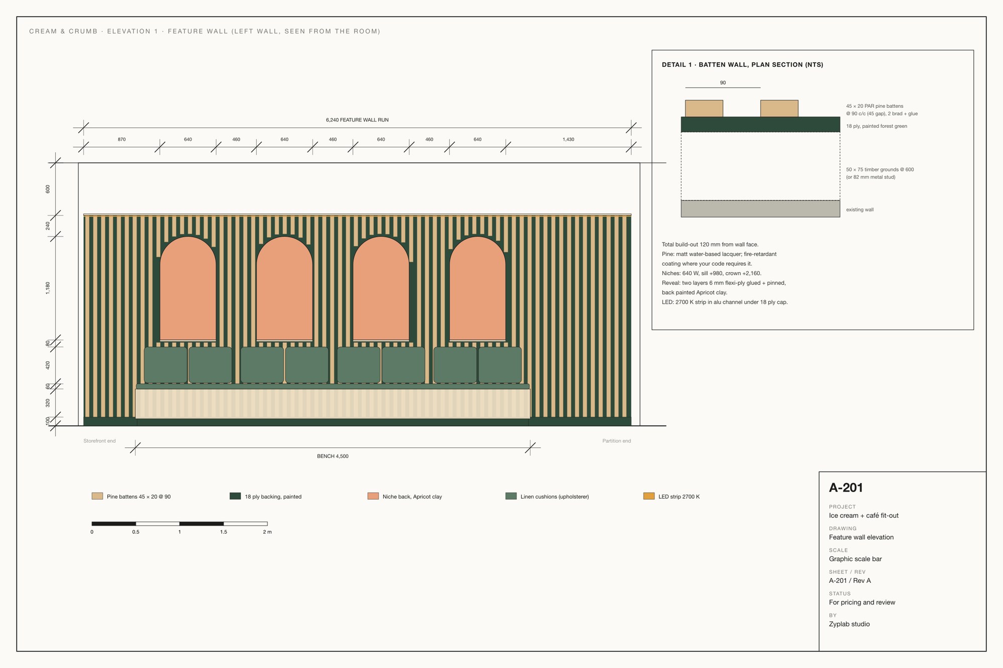 Feature wall elevation with batten spacing, niche sizes, bench heights and a plan-section detail