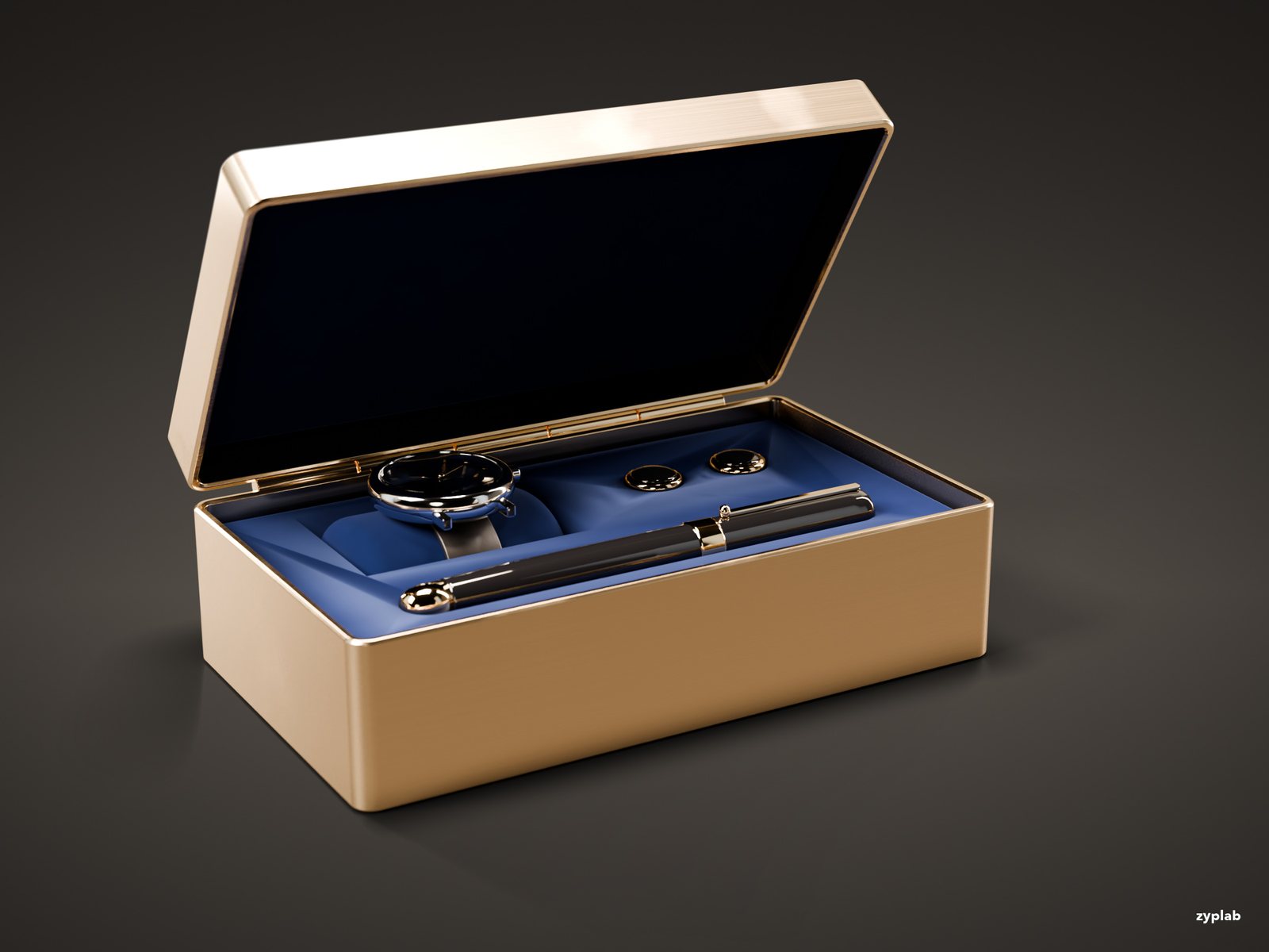 Gold gift box with the lid half open over a navy velvet insert