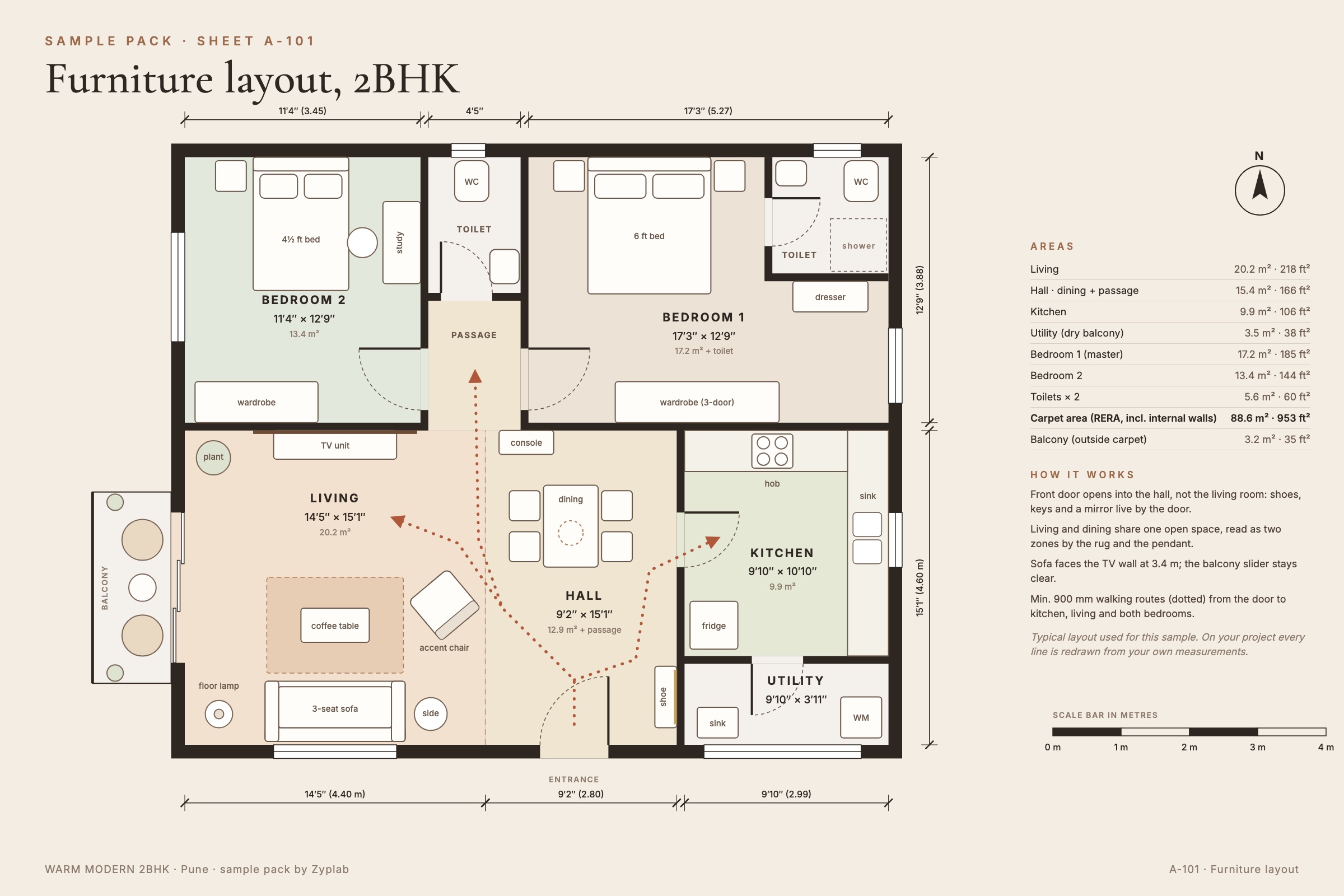 Dimensioned furniture layout of a 2BHK with living, hall and dining, kitchen, utility, two bedrooms, two toilets and a balcony, with walking routes