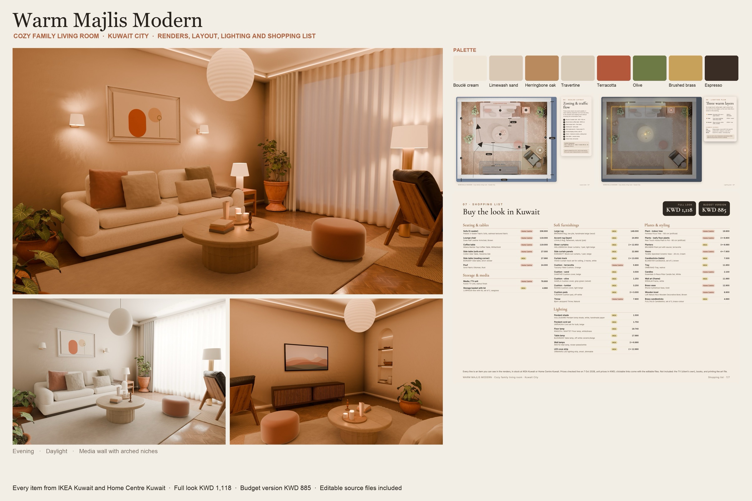 One-page room board with three renders, palette, layout and lighting plans and a priced shopping list