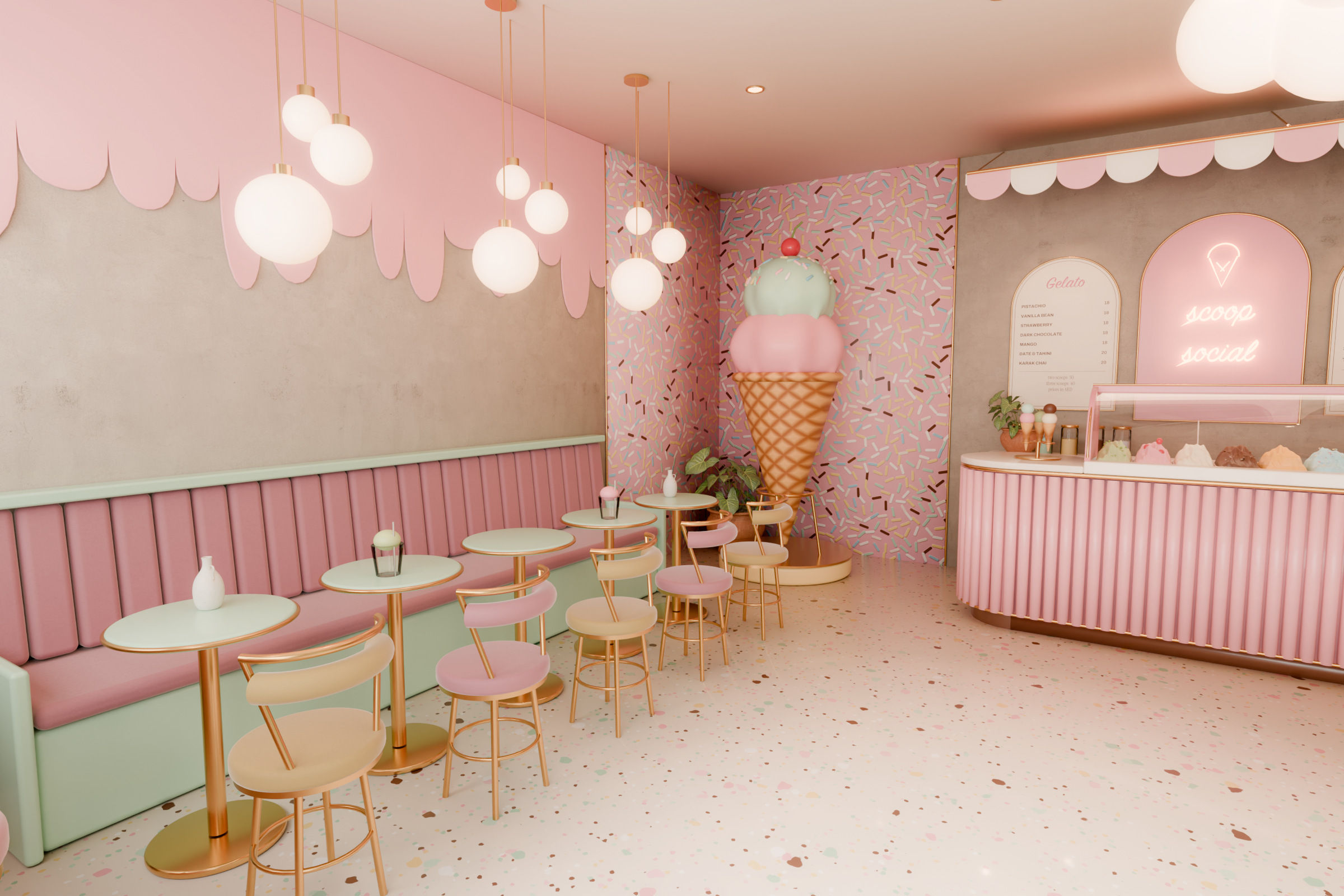 Pink velvet banquette with mint tables and a sprinkle-wall photo corner with a giant ice cream cone