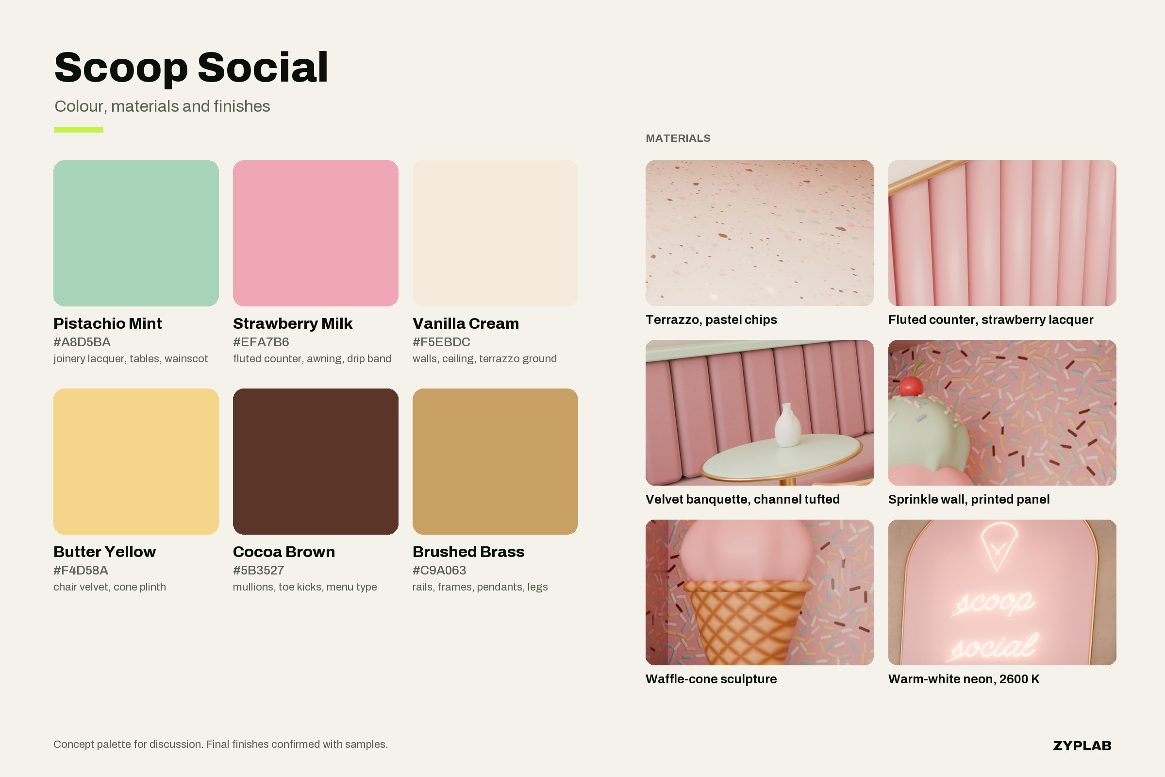 Colour and materials board with six palette swatches and material samples