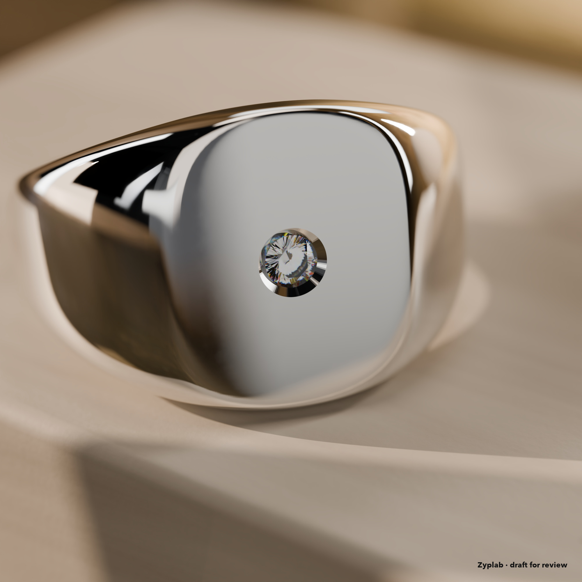 Macro of a flush-set zirconia in a silver signet