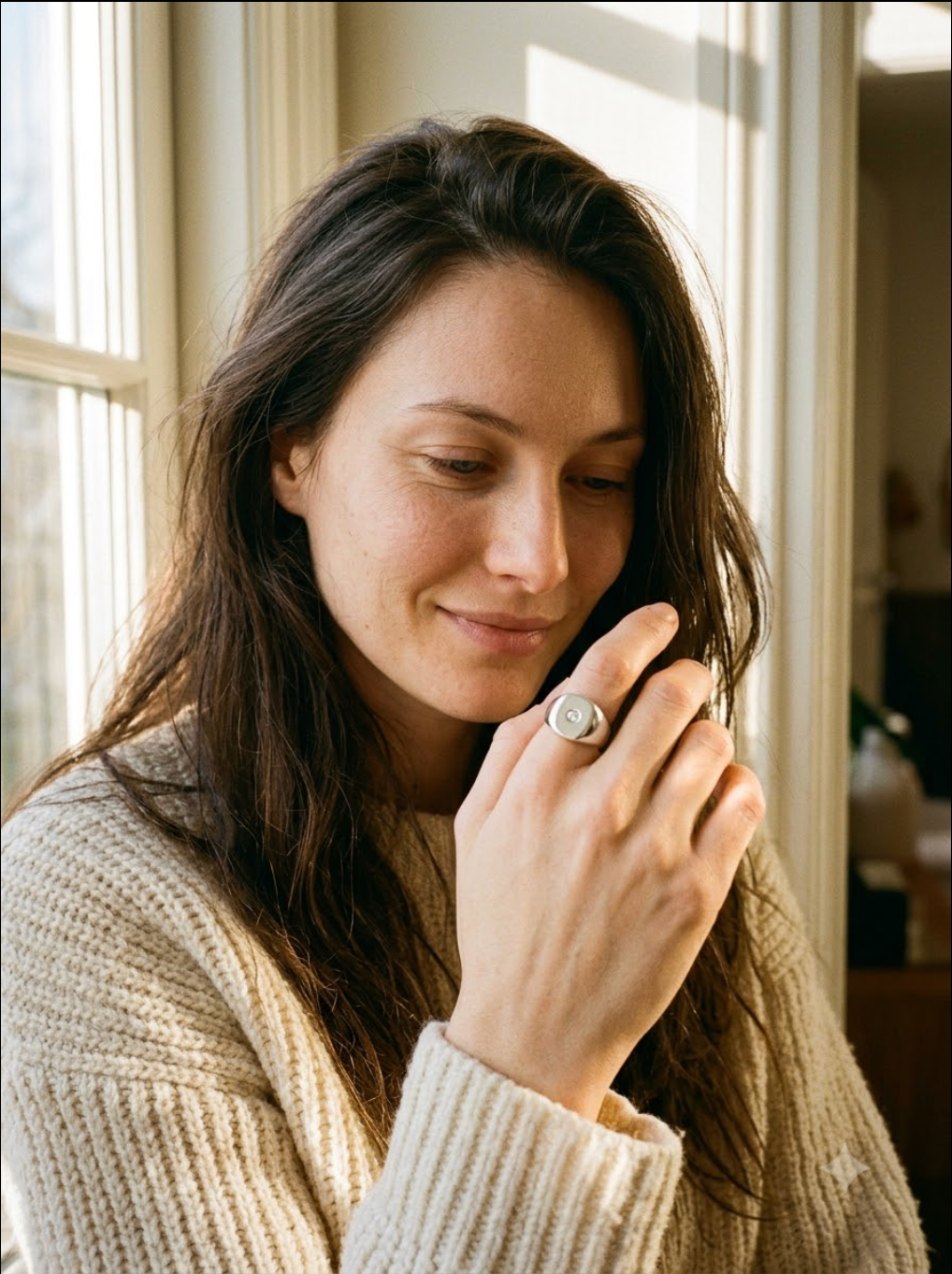 Woman by a sunny window wearing a silver signet ring