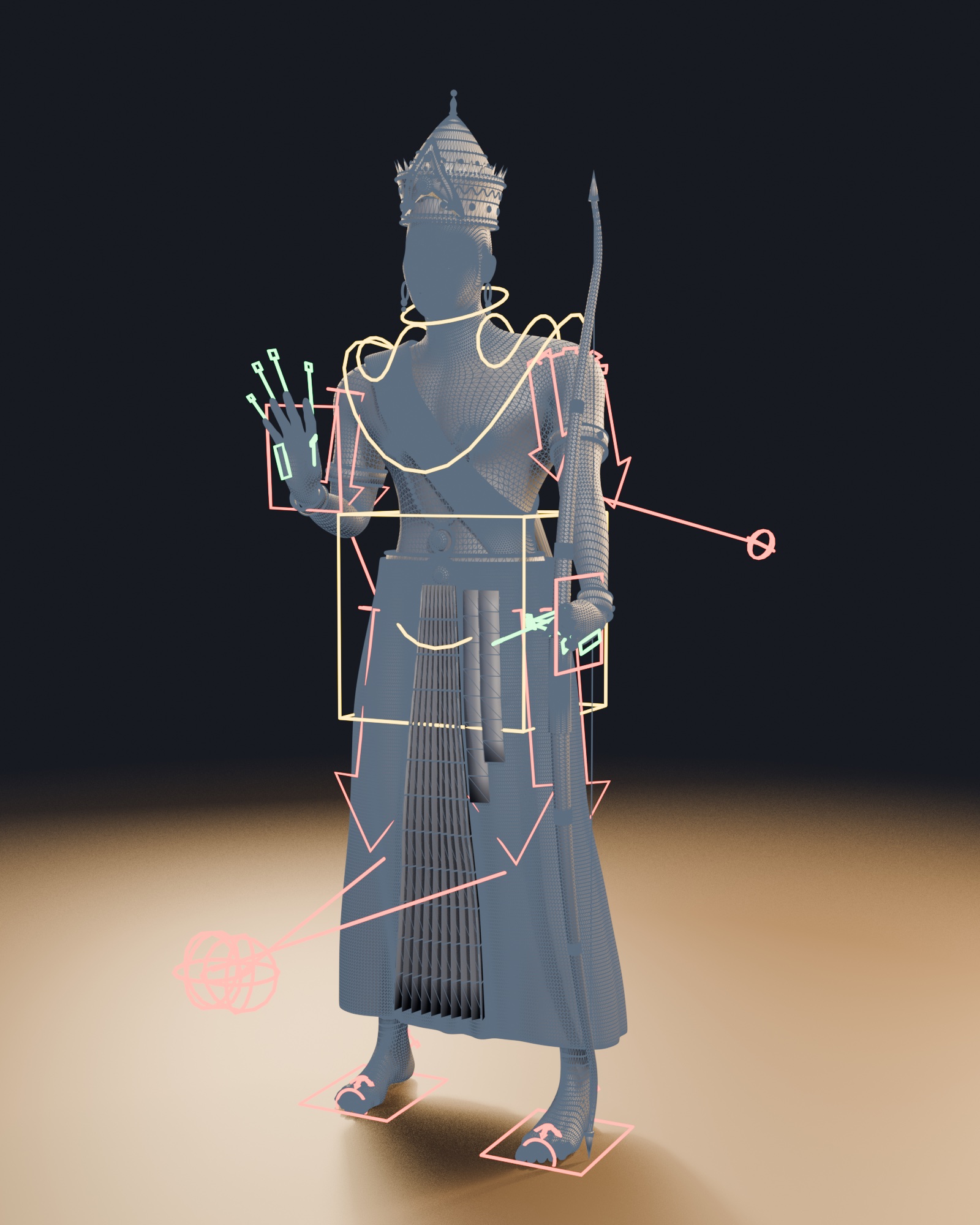 Grey wireframe of the character with Rigify control shapes drawn over it