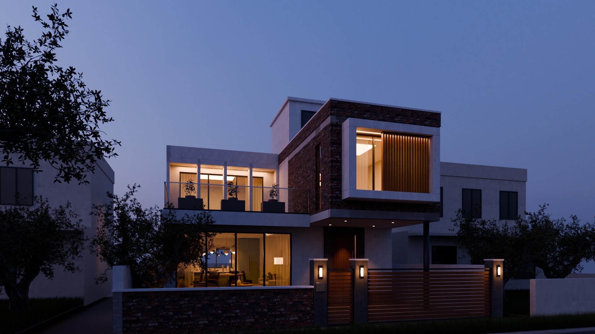 Modern two-storey house with an exposed-brick upper box, white plaster, teak louvres and a slatted gate (Dusk)