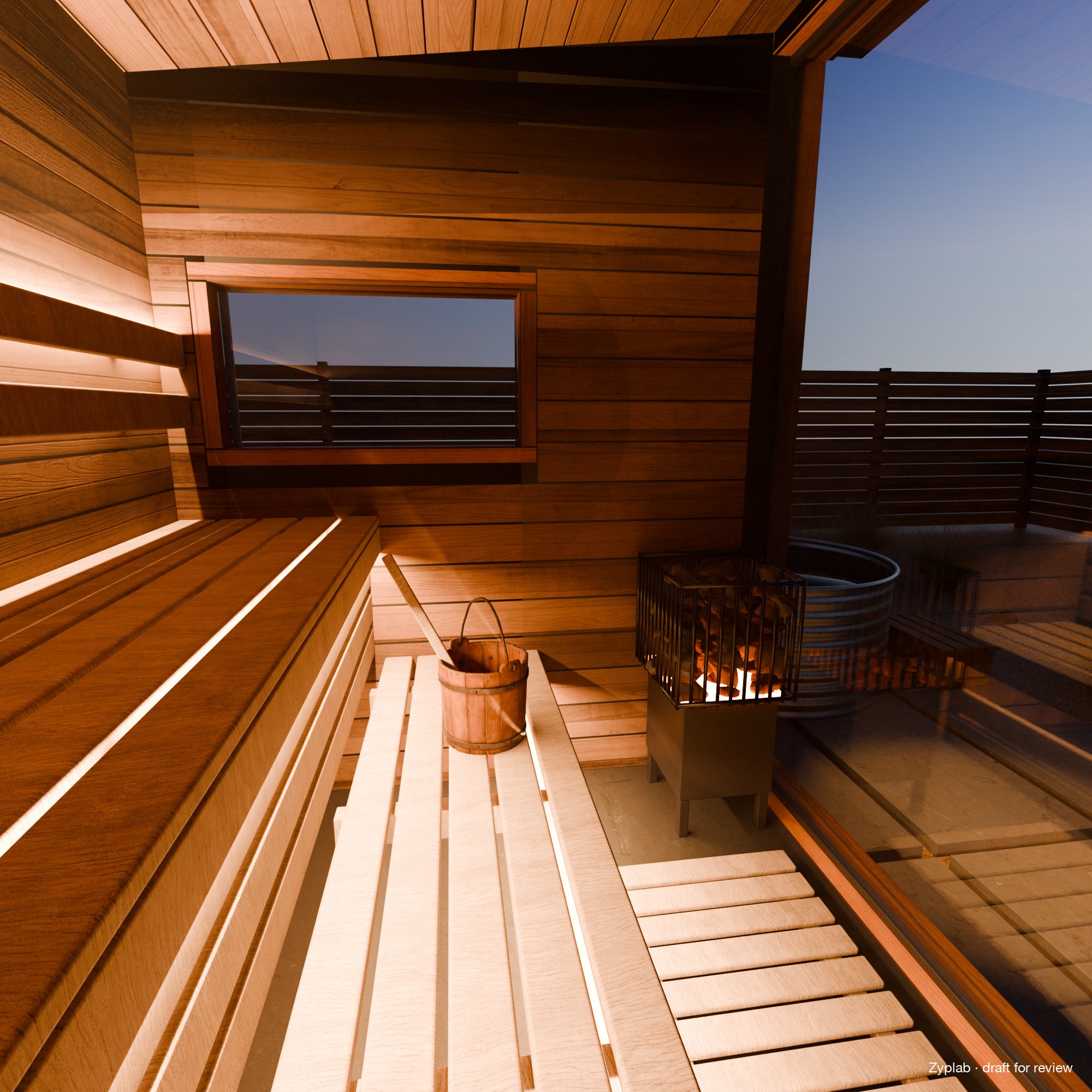 Sauna interior with two-tier aspen benches and heater
