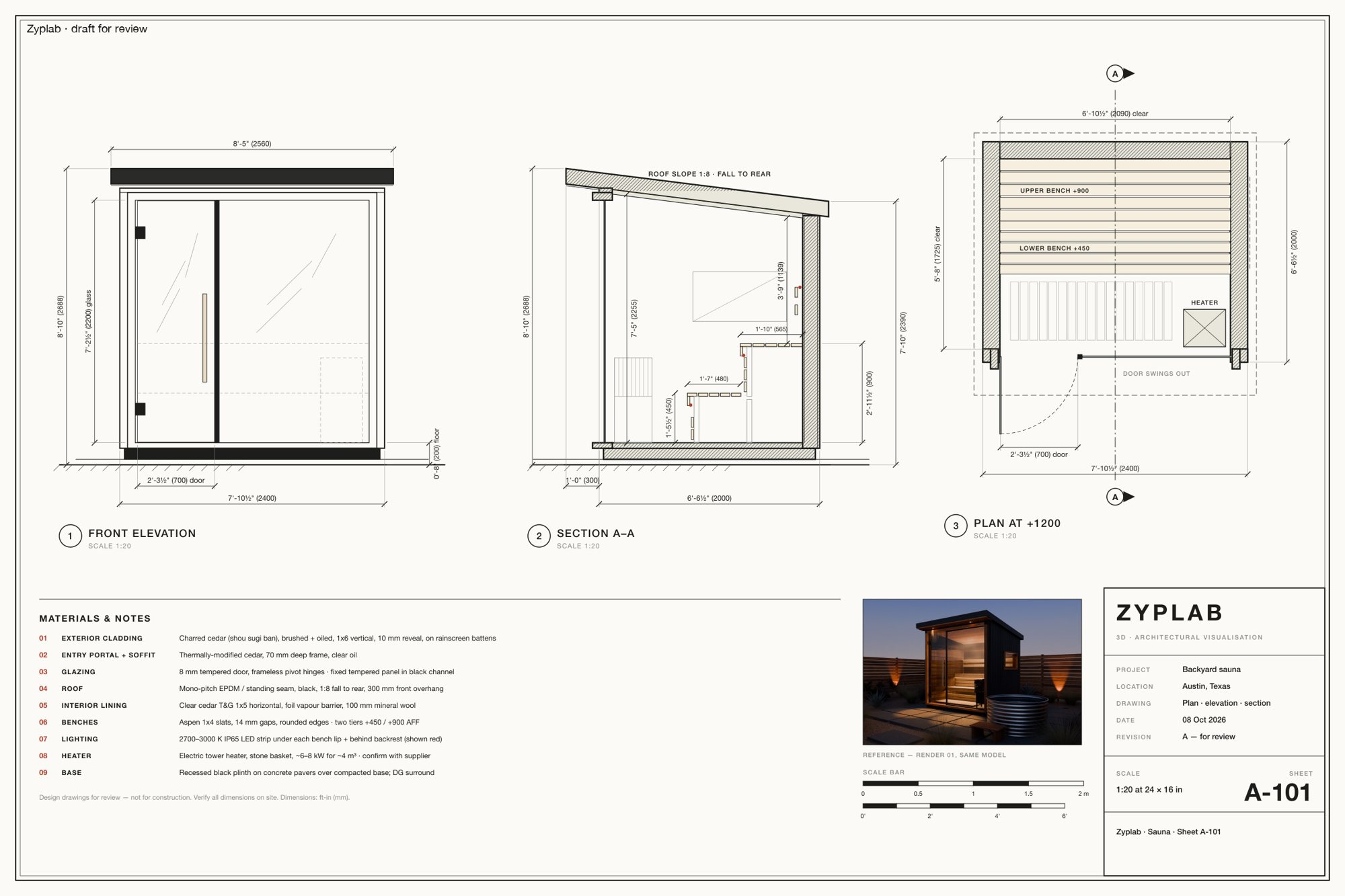 Architectural drawing sheet A-101 with plan, elevation and section