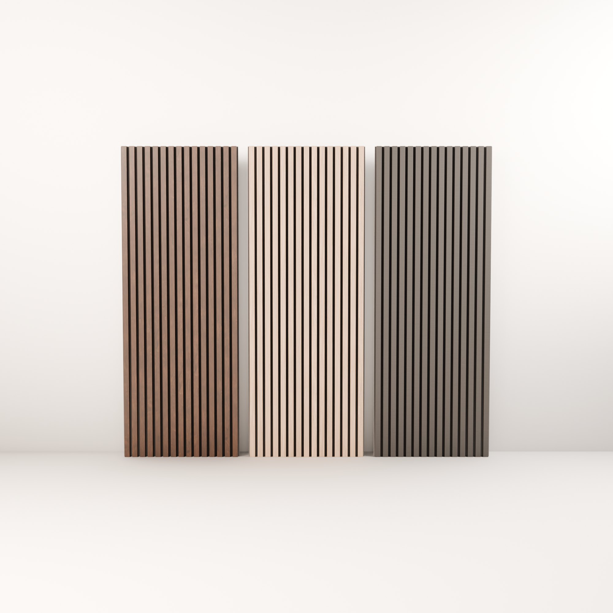 Walnut, oak and smoked grey slatted panels side by side on white